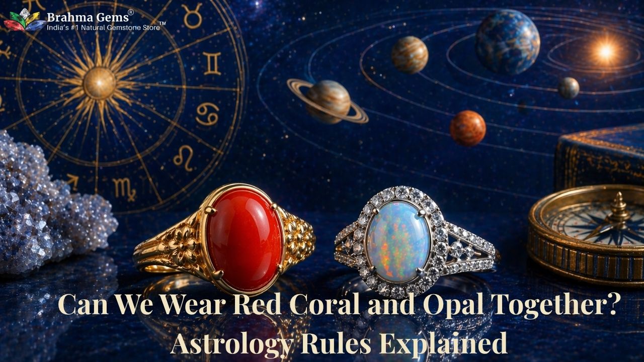 Realistic red coral and opal rings placed side by side on a reflective surface with a deep navy blue astrology-themed background featuring zodiac symbols and planets.