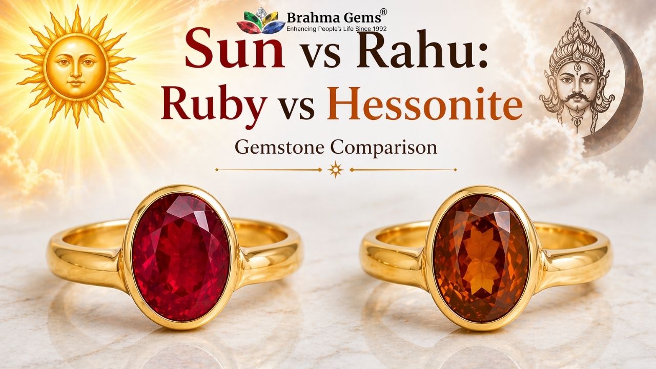 Sun vs Rahu gemstone comparison showing a ruby ring and hessonite (gomed) ring with realistic stones symbolizing planetary influence and astrology benefits