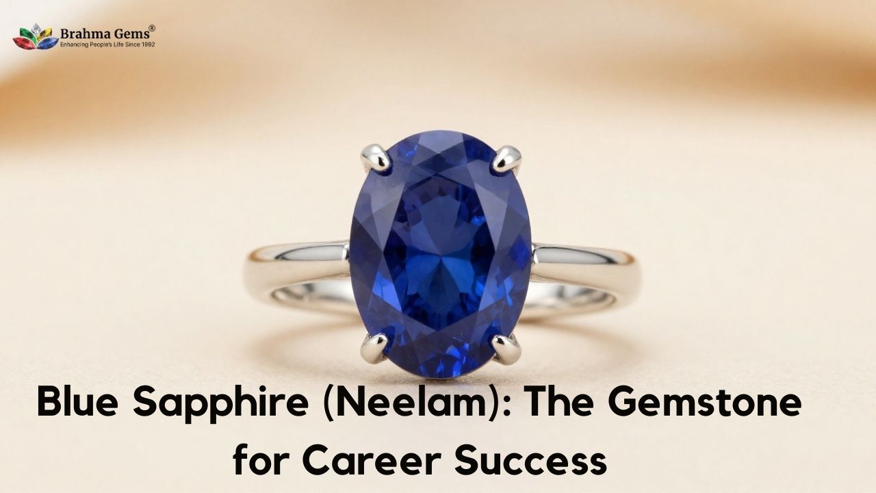 Blue sapphire (Neelam) gemstone ring placed on black mountain rock symbolizing strength, success, and career growth