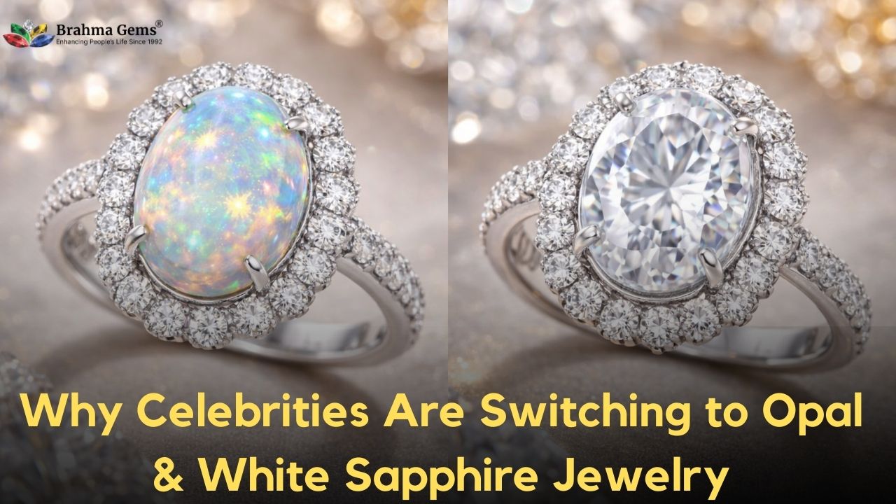 Close-up of a luxurious ring featuring a vibrant opal gemstone with multi-color flashes alongside a sparkling white sapphire, both set in a polished white gold or platinum band with a halo of small white sapphires